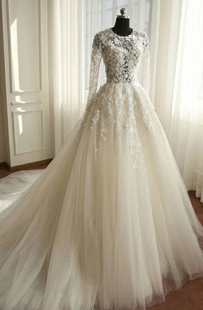 Wedding Dress Dress, 2024 Newest A Line Long Sleeves Tulle Wedding Dresses