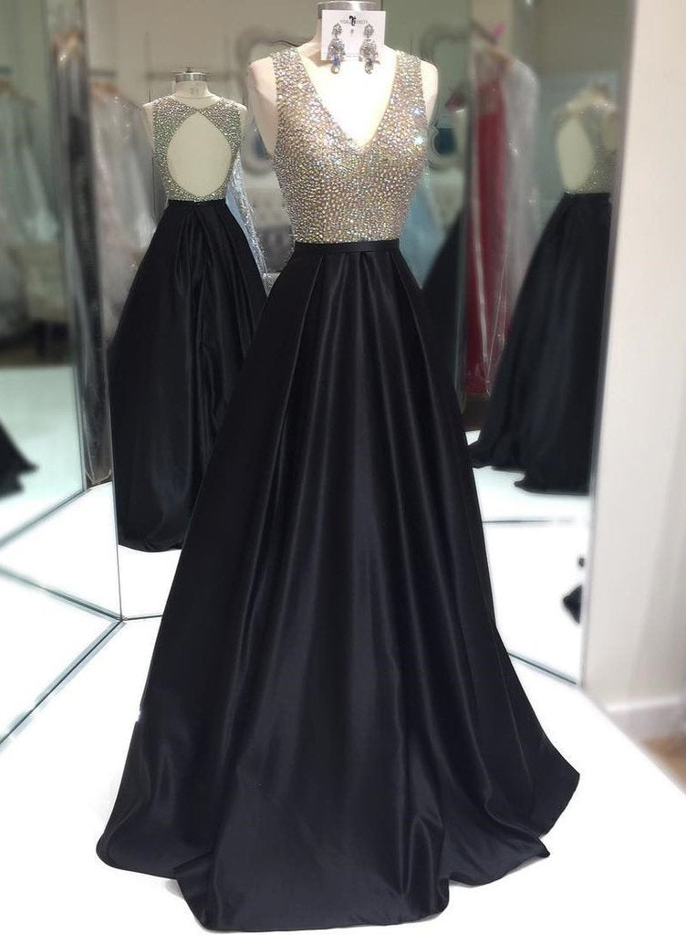 Bridesmaid Dress On Sale, Elegant A-Line/Princess Satin Black Beaded V Neck 2024 Prom Dresses