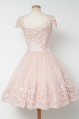 Prom Dress Lace, Vintage Knee Length A Line Pearl Pink Lace Homecoming Dresses