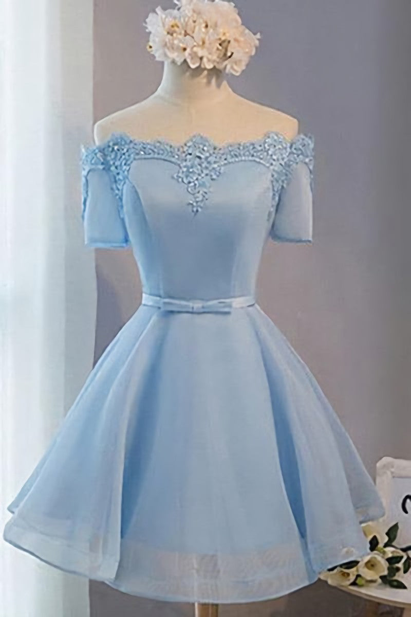 Prom Dress Fitted, A Line Off Shoulder Short Light Blue Prom Dresses