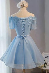 Prom Dresses Fitting, A Line Off Shoulder Short Light Blue Prom Dresses