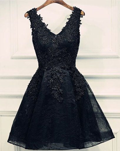 Party Dress And Gown, black v neck beading homecoming dresses v neck  short prom dresses sleeveless short lace appliques layers cocktail dresses