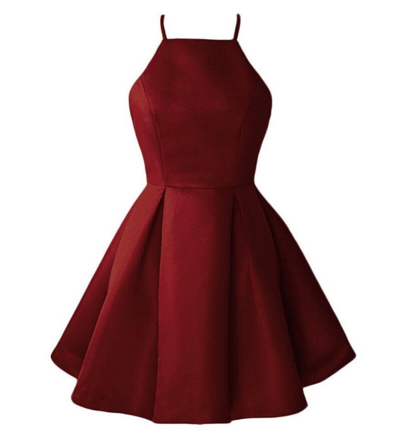 Party Dress Codes, Burgundy Cute Short Halter Satin Short 2024 Wine Red for Sale Prom Dresses