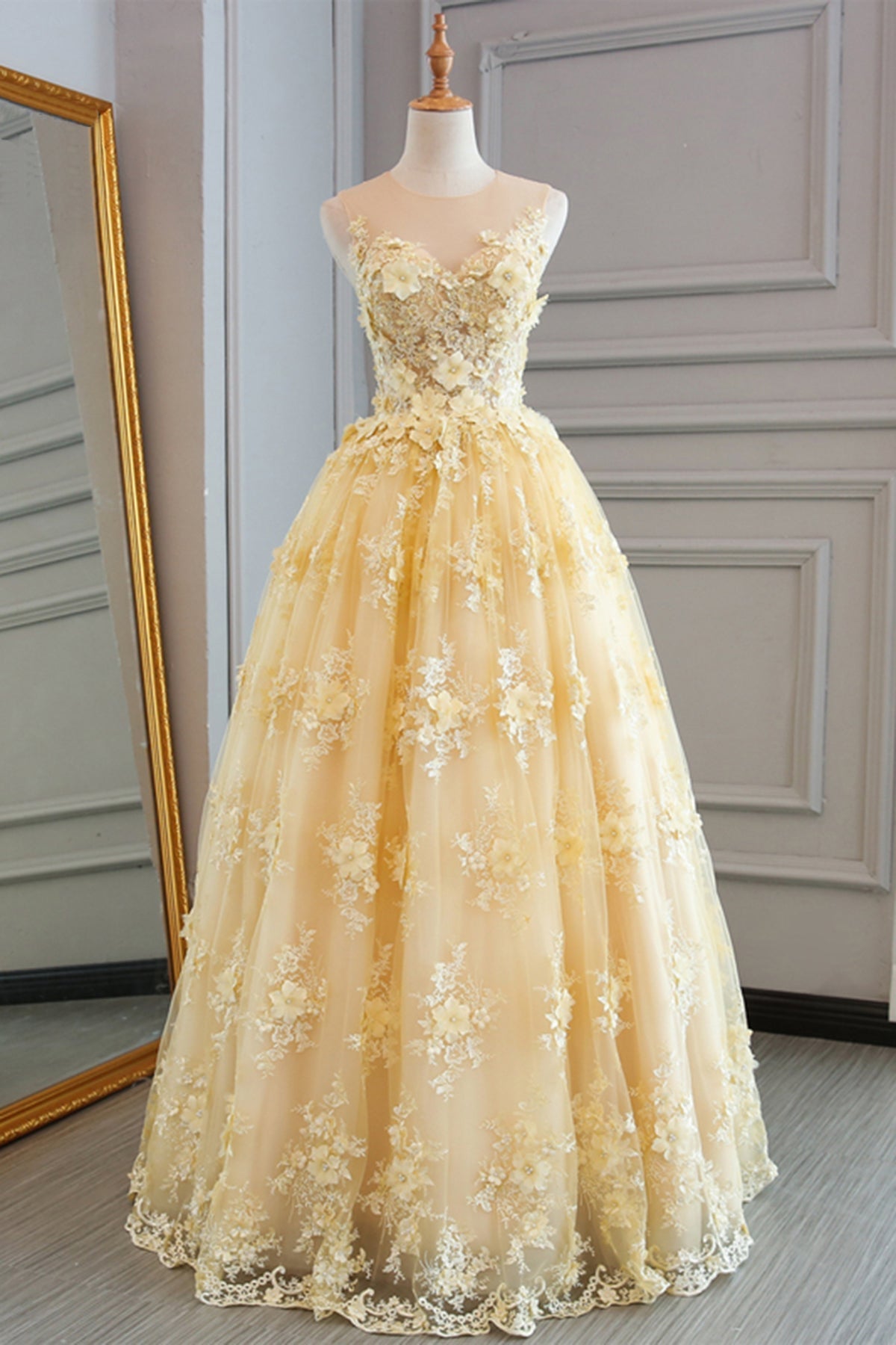 Prom Dress 18, Yellow Lace Customize Long A Line Senior Halter Prom Dresses