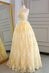 Prom Dresses 2040 Ball Gown, Yellow Lace Customize Long A Line Senior Halter Prom Dresses