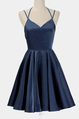 Prom Dresses 2047 Fashion Outfits, A Line Dark Blue Satin V Neck Short Sleeveless Backless Prom Dresses