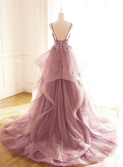 Long Dress Formal, Dark Pink V Neck Tulle Lace Prom Dress, Spaghetti Strap Prom Dress, Ruffle A Line Formal Dress