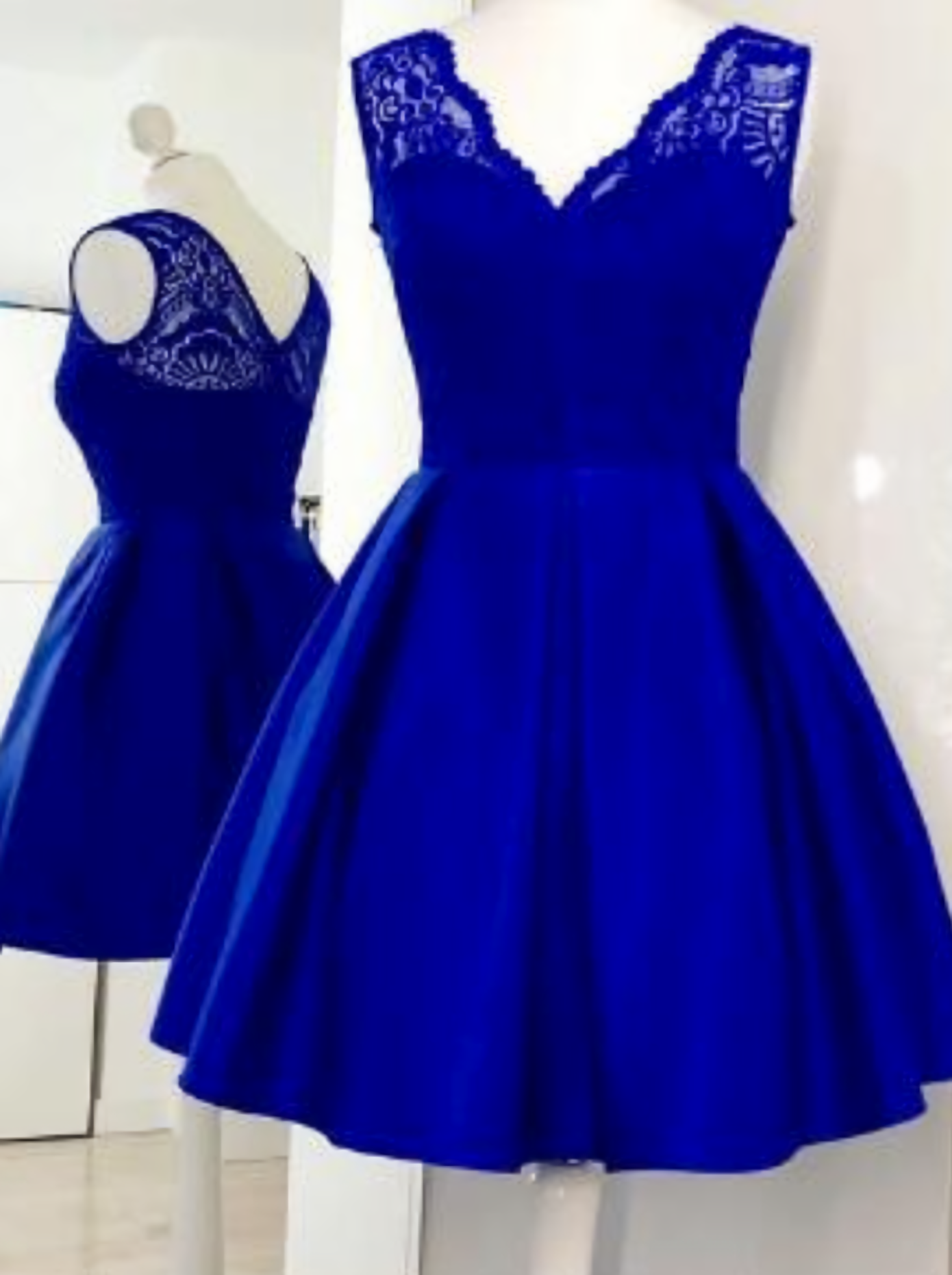 Formal Dress For Beach Wedding, Royal Blue Satin Short with Lace V-Neck Homecoming Dresses