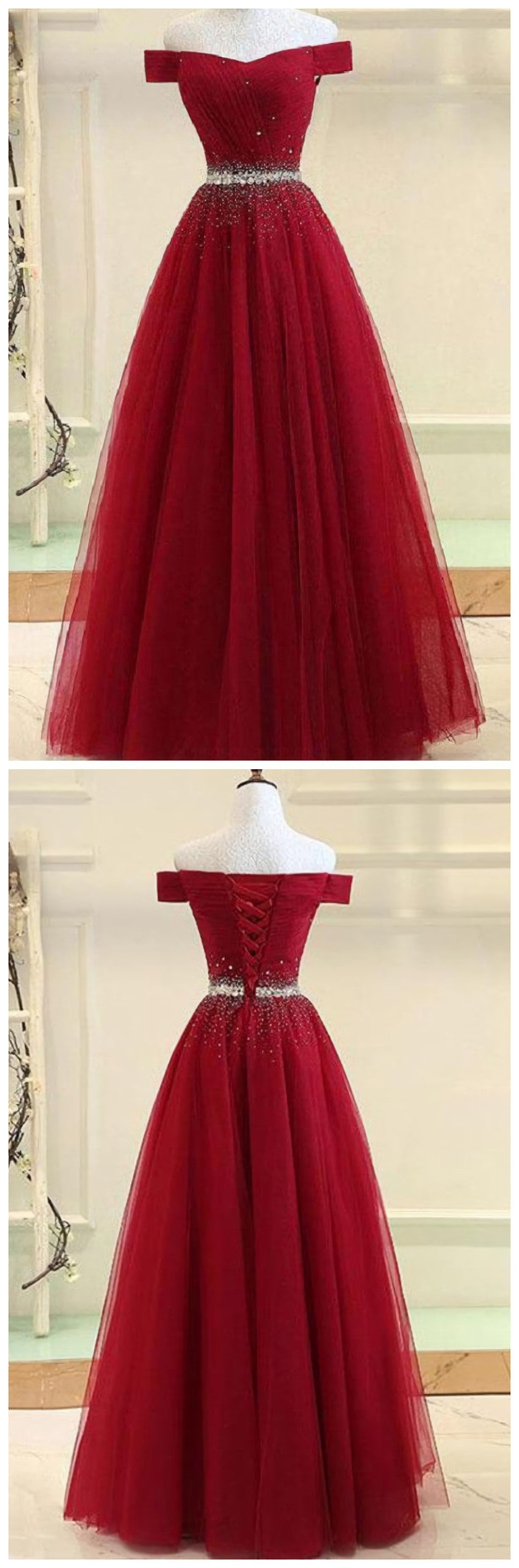 Formal Dress Websites, A Line Burgundy Off The Shoulder Lace Up Tulle Sweetheart Long Prom Dresses