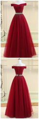 Formal Dress Websites, A Line Burgundy Off The Shoulder Lace Up Tulle Sweetheart Long Prom Dresses