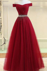 Formal Dress Website, A Line Burgundy Off The Shoulder Lace Up Tulle Sweetheart Long Prom Dresses