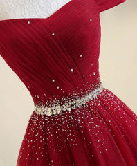 Formal Dresses Website, A Line Burgundy Off The Shoulder Lace Up Tulle Sweetheart Long Prom Dresses