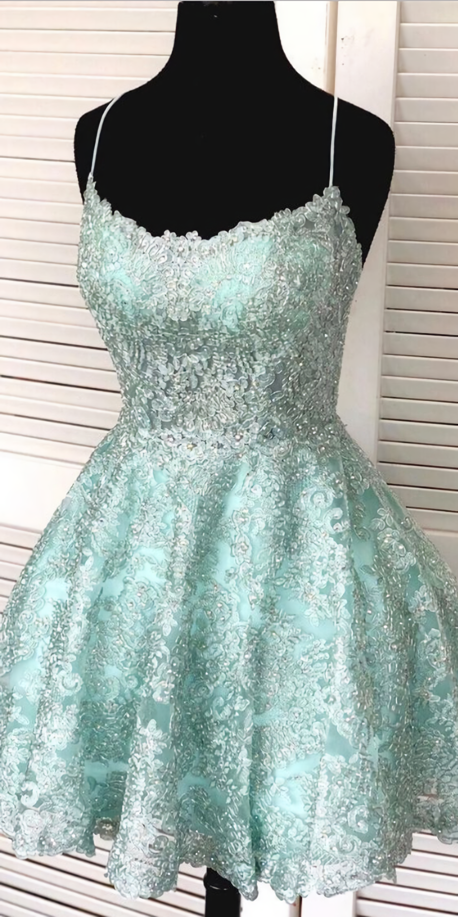 Evening Dresses Long, Auby Outfit Spaghetti-straps Mint Green Short Lace Backless Homecoming Dresses