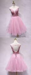 Evening Dresses Green, Spark Queen Pink Tulle Sequin Short Prom Dress, Pink Homecoming Dress