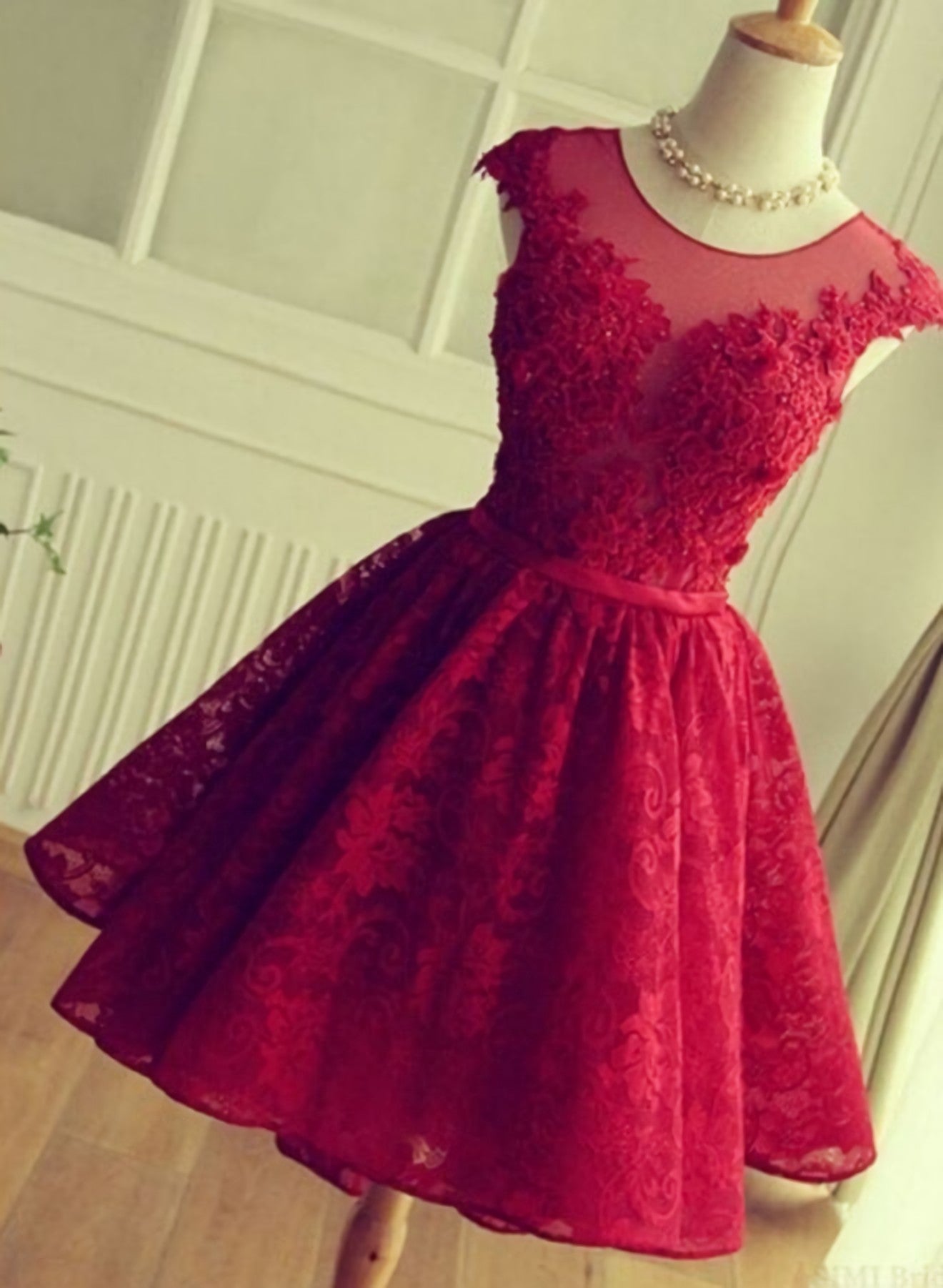 Evening Dress Sleeves, A Line Crew Cap Sleeves Red Lace Homecoming Dress With Appliques