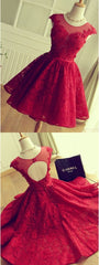 Evening Dress Open Back, A Line Crew Cap Sleeves Red Lace Homecoming Dress With Appliques