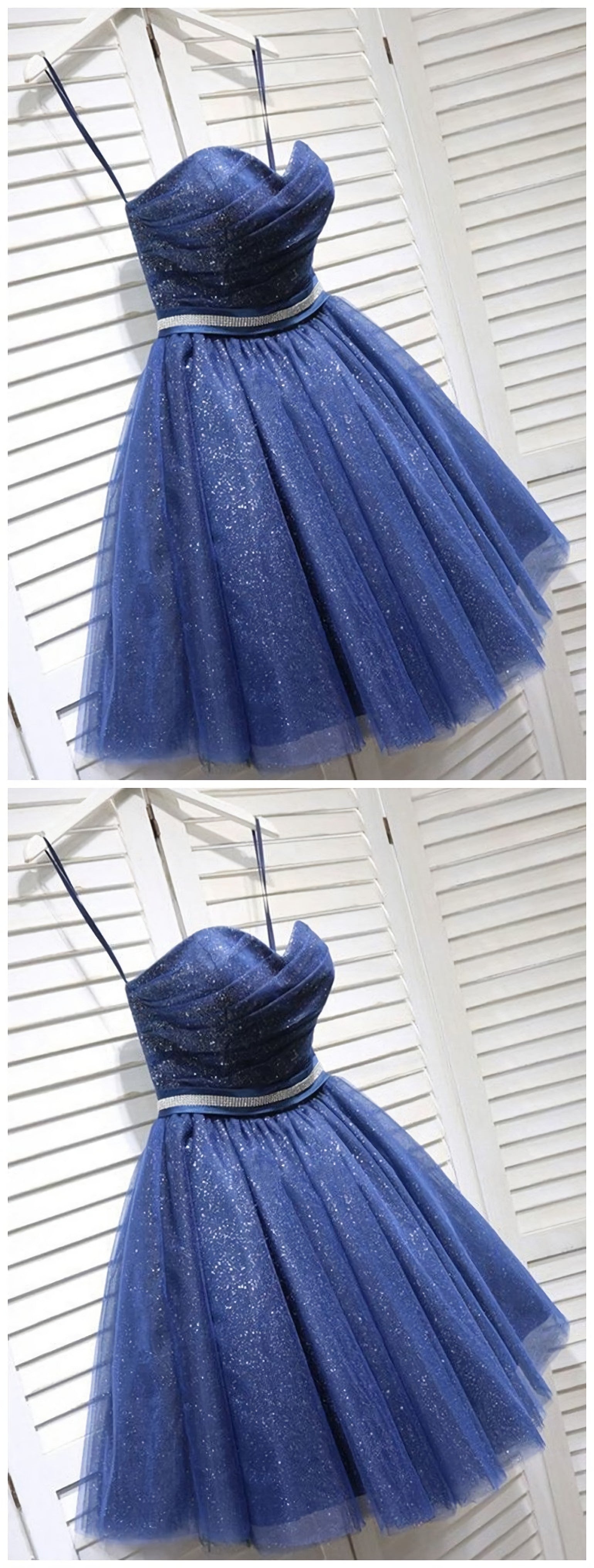 Ruffle Dress, Sparkly A-Line Sweetheart Open Back Navy Sequins Short Short Homecoming Dresses