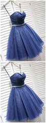 Ruffle Dress, Sparkly A-Line Sweetheart Open Back Navy Sequins Short Short Homecoming Dresses