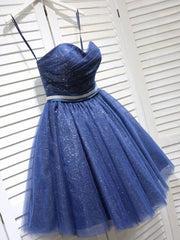 Long Gown, Sparkly A-Line Sweetheart Open Back Navy Sequins Short Short Homecoming Dresses