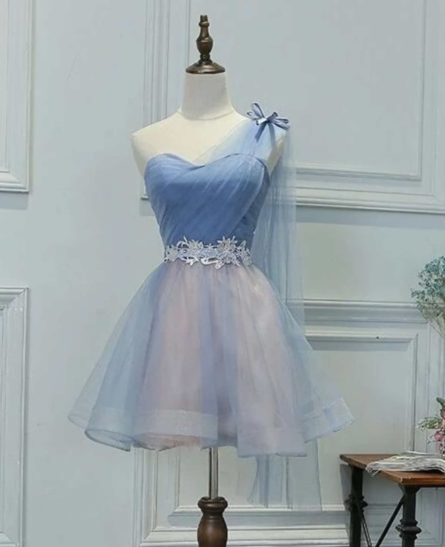 Formal Dresses Midi, One Shoulder Tulle Sweetheart Short Blue Homecoming Dresses