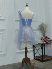 Formal Dresses For Winter Wedding, One Shoulder Tulle Sweetheart Short Blue Homecoming Dresses