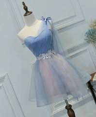 Formal Dresses For Fall Wedding, One Shoulder Tulle Sweetheart Short Blue Homecoming Dresses