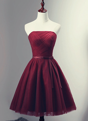 Evening Dresses Knee Length, Beautiful Burgundy Knee Length Lace Up Tulle Party Dress, Homecoming Dress, Short Prom Dress