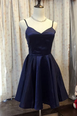 Bridesmaid Dresses Beach Wedding, Simple Navy Blue Satin A Line V Neck Short Prom Dress, Homecoming Dress