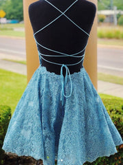 Bridesmaid Dress Chiffon, A Line Backless Lace Blue Short Prom Dresses, Homecoming Dresses, Backless Blue Lace Formal Graduation Evening Dresses