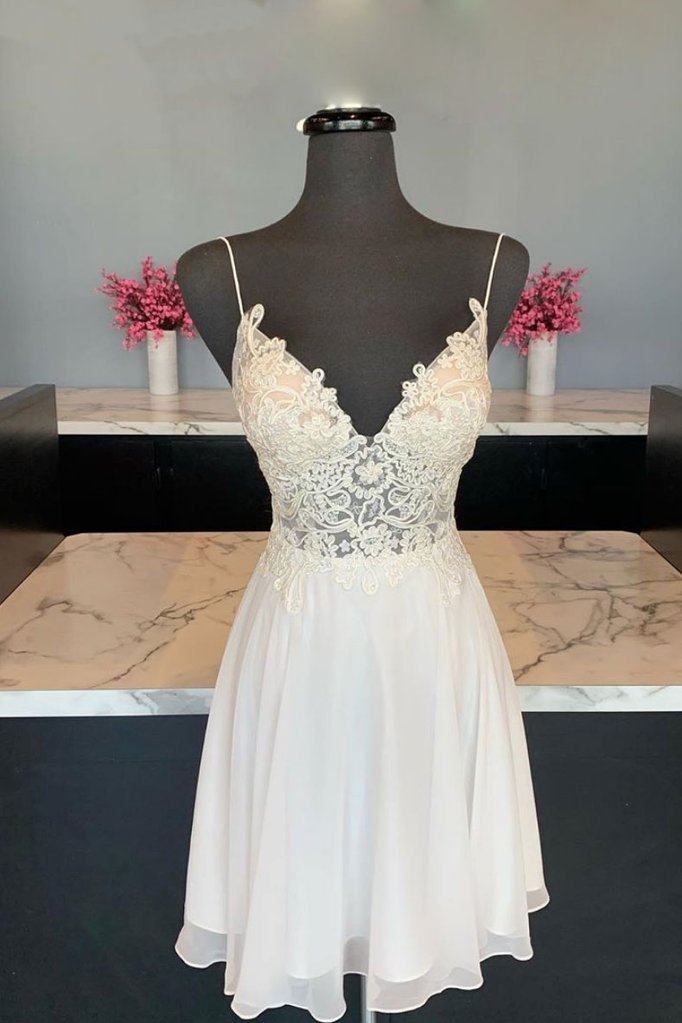 Bridesmaid Dress With Lace, Cute V Neck Chiffon Lace Short Prom Dress, Lace Homecoming Dress