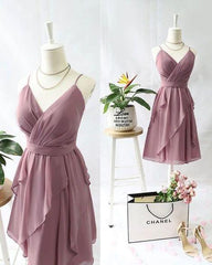 Bridesmaid Dresses For Beach Wedding, Short V Neck Homecoming Dress With Ruffles