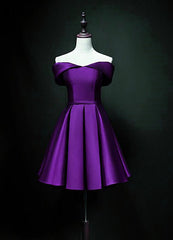 Party Dress Vintage, Cute Short Sweetheart Satin Off Shoulder Purple Short Prom Dresses