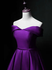 Party Dressed Short, Cute Short Sweetheart Satin Off Shoulder Purple Short Prom Dresses