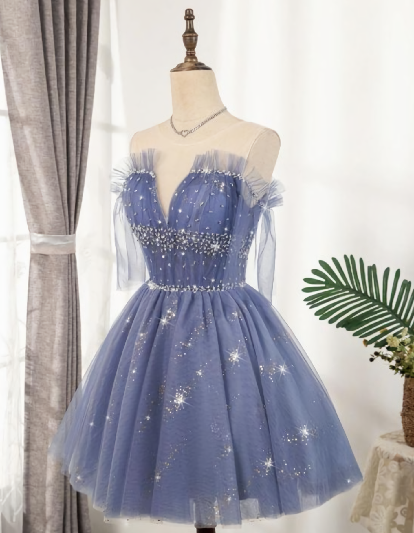 Evening Dress Modest, Flowy Cute A Line Blue Homecoming Dresses, Short Beading