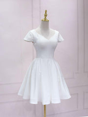 Bridesmaid Dress Champagne, White V Neck Satin Lace Short Prom Dress, White Homecoming Dress