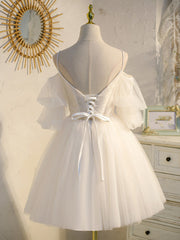 Wedding Dress With Covered Back, Cute White Short Tulle Off Shoulder White Prom Dresses