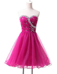 Formal Dresses Long Sleeved, Hot Pink Cute Tulle Short Homecoming Dresses