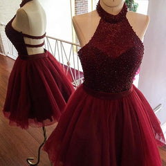 Pink Formal Dress, burgundy short halter sparkly semi beaded Homecoming Dresses