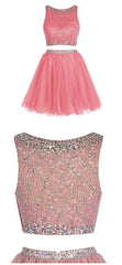 Dinner Dress, Bateau Neck Illusion Pink Short Crystal Beaded Two Piece Sequined Crop Top Tulle Mini Prom Dresses