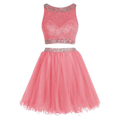 Mermaid Prom Dress, Bateau Neck Illusion Pink Short Crystal Beaded Two Piece Sequined Crop Top Tulle Mini Prom Dresses