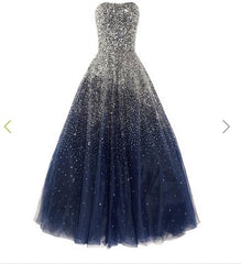 Prom Dresse 2041, A Line Navy Blue Beading Tulle Prom Dresses