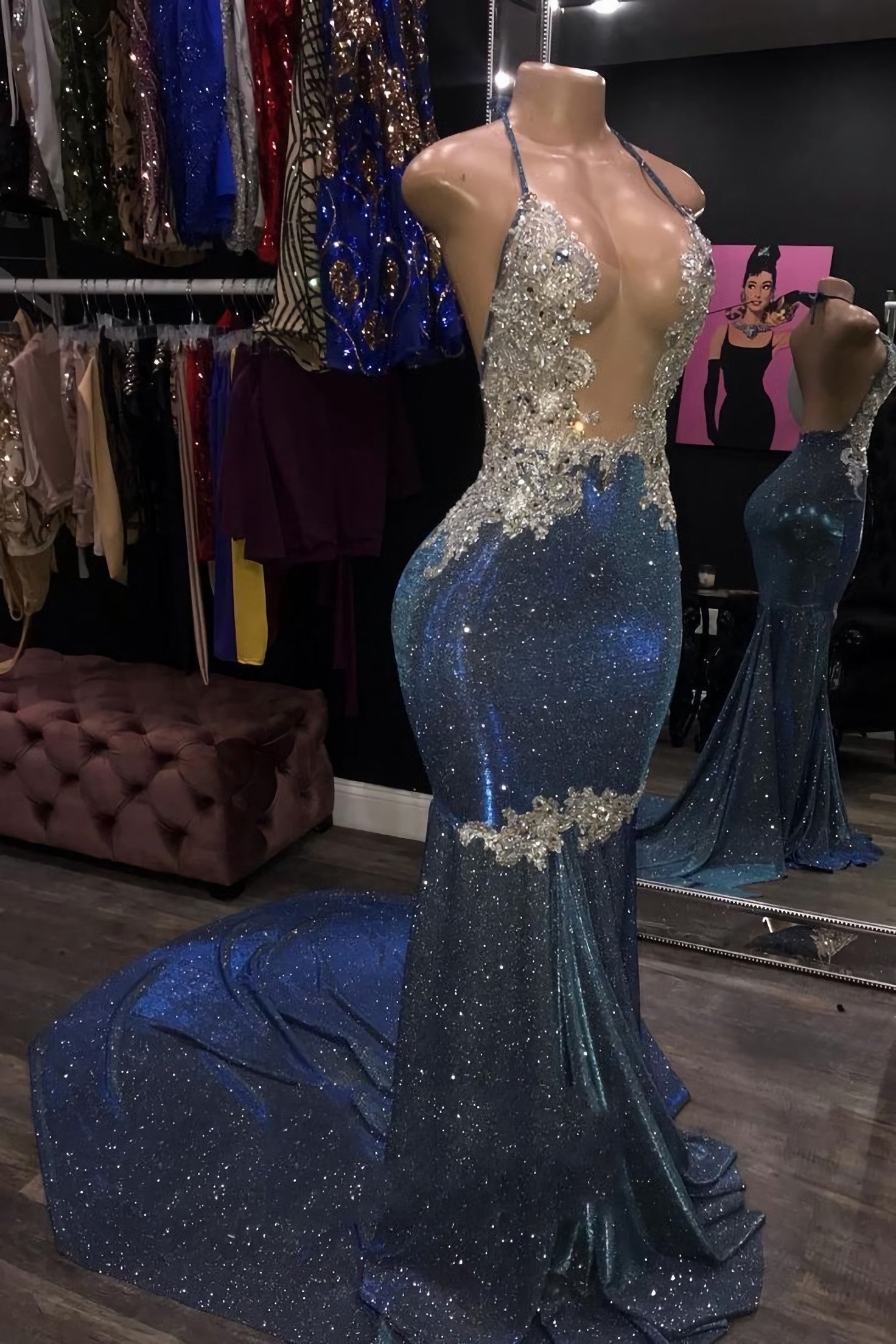 Prom Dresses Patterns, Long Halter Sheath Blue Open Front Backless Prom Dresses