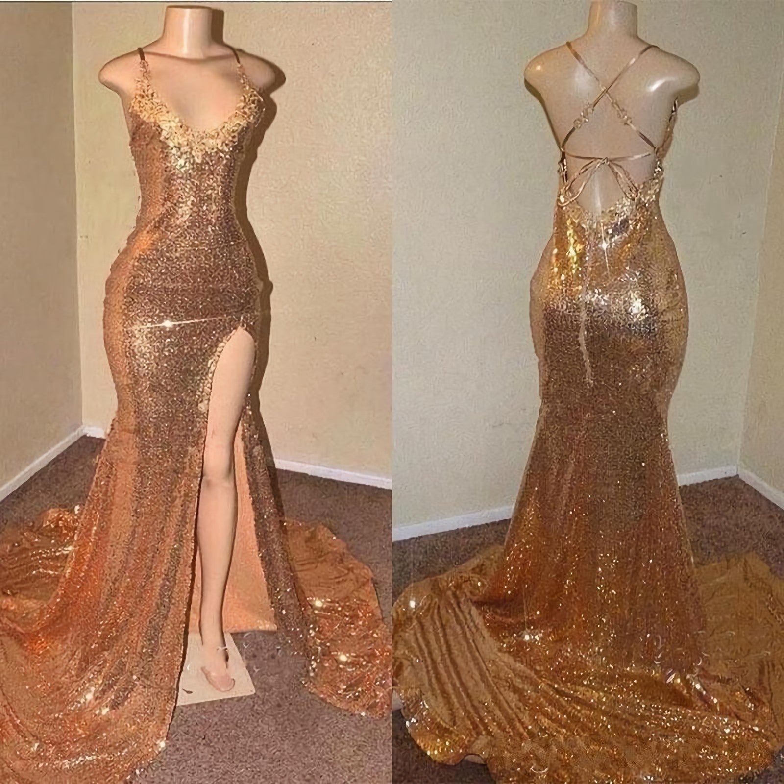 Prom Dress Sleeves, Lace Up Gold Halter Back Side Slit Long Sequence Prom Dresses