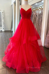 Formal Dress For Ladies, Puffy Red Tulle V Neck Long Prom Dresses, V Neck Red Formal Dresses, Red Evening Dresses