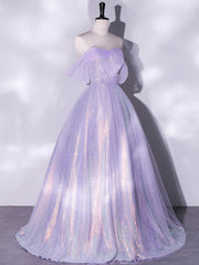 Prom, Purple A-Line Tulle Sequin Long Prom Dress, Purple Sequin Long Formal Dress