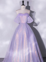 Pink Dress, Purple A-Line Tulle Sequin Long Prom Dress, Purple Sequin Long Formal Dress