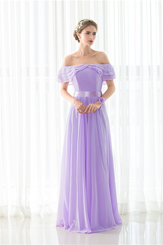 Party Dresses Night Out, Purple Chiffon Off The Shoulder Long Bridesmaid Dresses