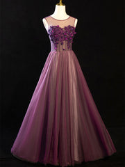 Party Dress Dresses, Purple Floral Long Lace Prom Dresses, Purple Floral Long Lace Formal Evening Dresses
