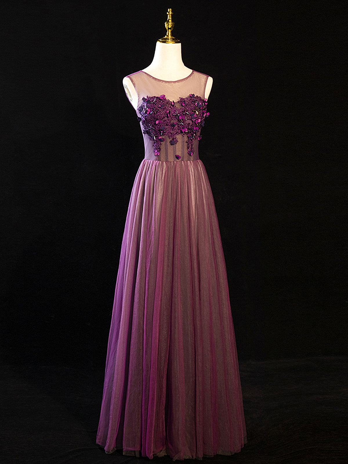Party Dresses Sale, Purple Floral Long Lace Prom Dresses, Purple Floral Long Lace Formal Evening Dresses