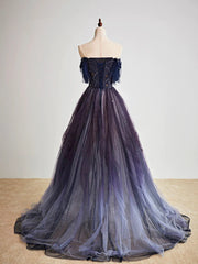 Bridesmaids Dress Blush, Purple Gradient Off Shoulder Beaded Sweetheart Prom Dress, Purple Long Tulle Formal Dress